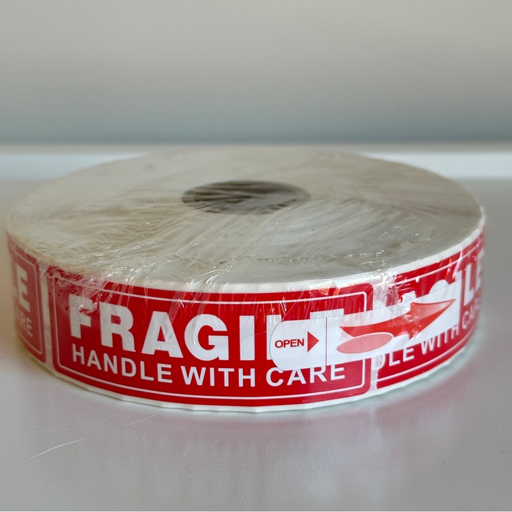 1000 Fragile Labels Stickers 1 Roll Red White Seller Shipping Supplies